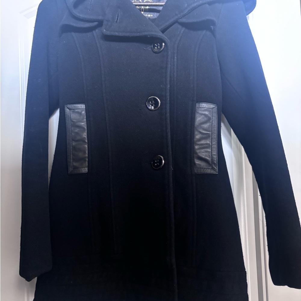 Mackage Black Wool Pea Coat with Leather-Trim Pockets - Picture 1 of 11